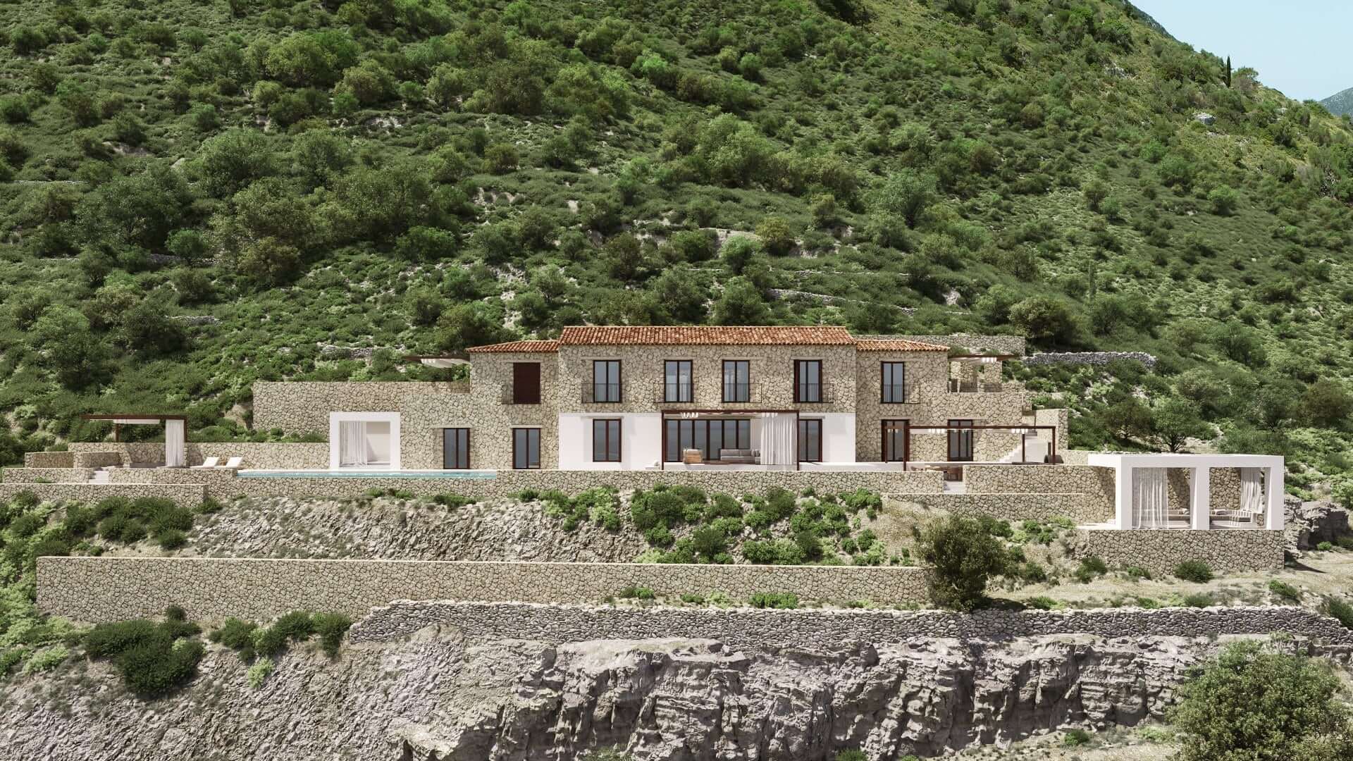 Arcadian villa stone and wood exterior