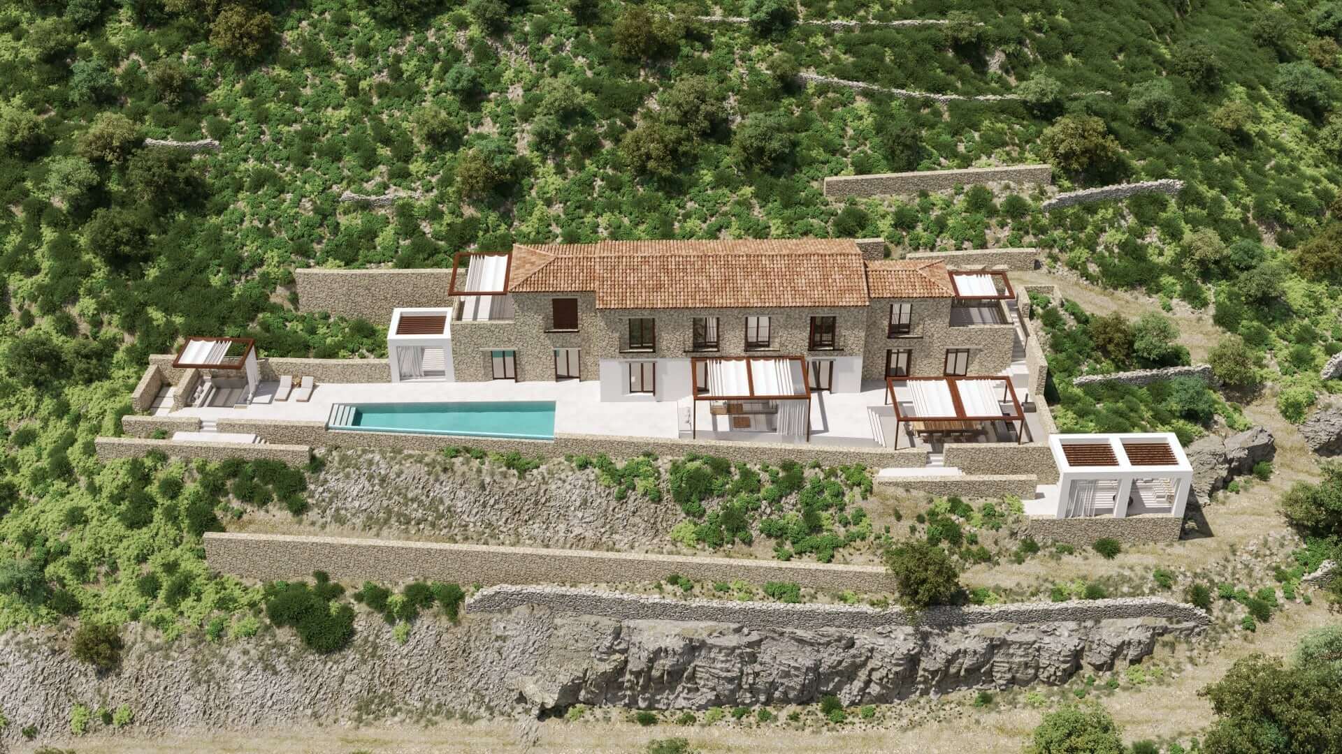 Arcadian villa aerial view over Vathy Bay